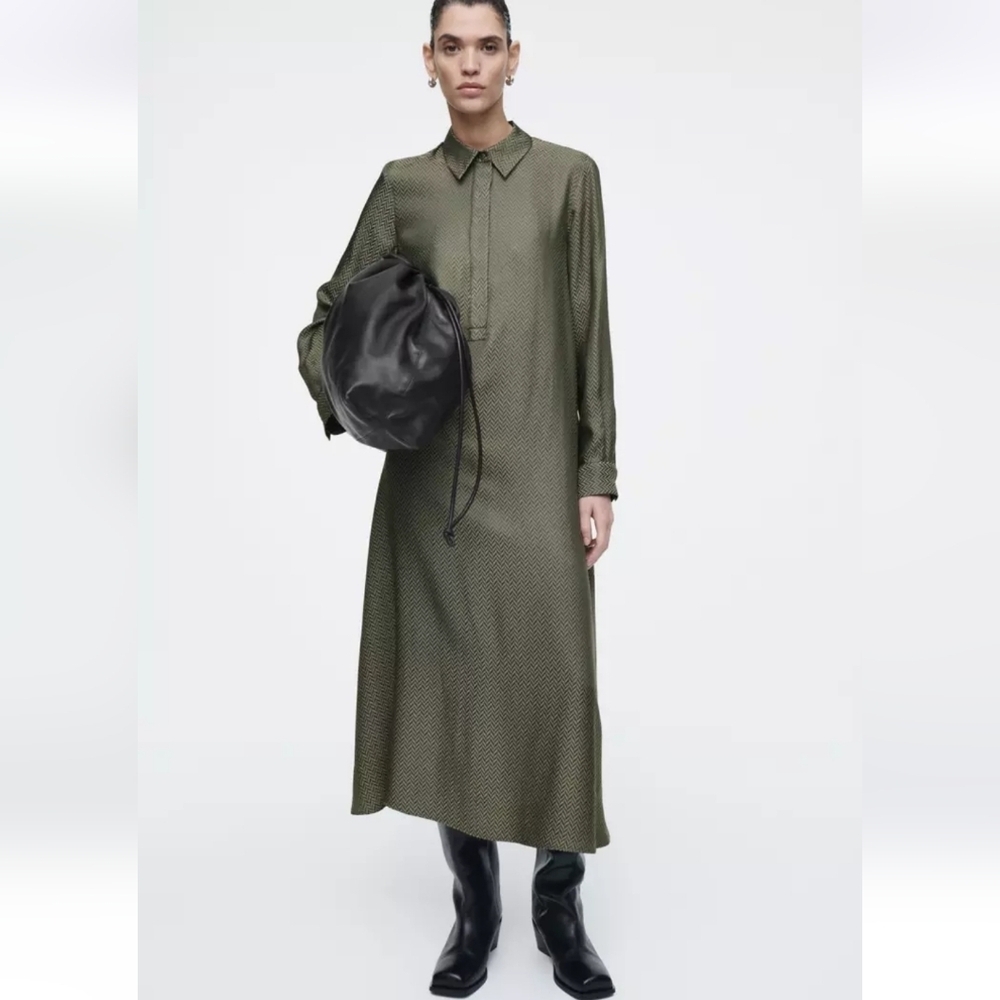 COS Herringbone Maxi Shirt Dress Size 2 In Green